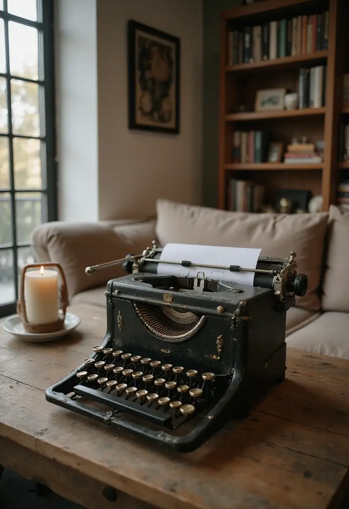 28 Quirky Living Room Ideas That Add Character and Fun - 25. Vintage Typewriters as Decor