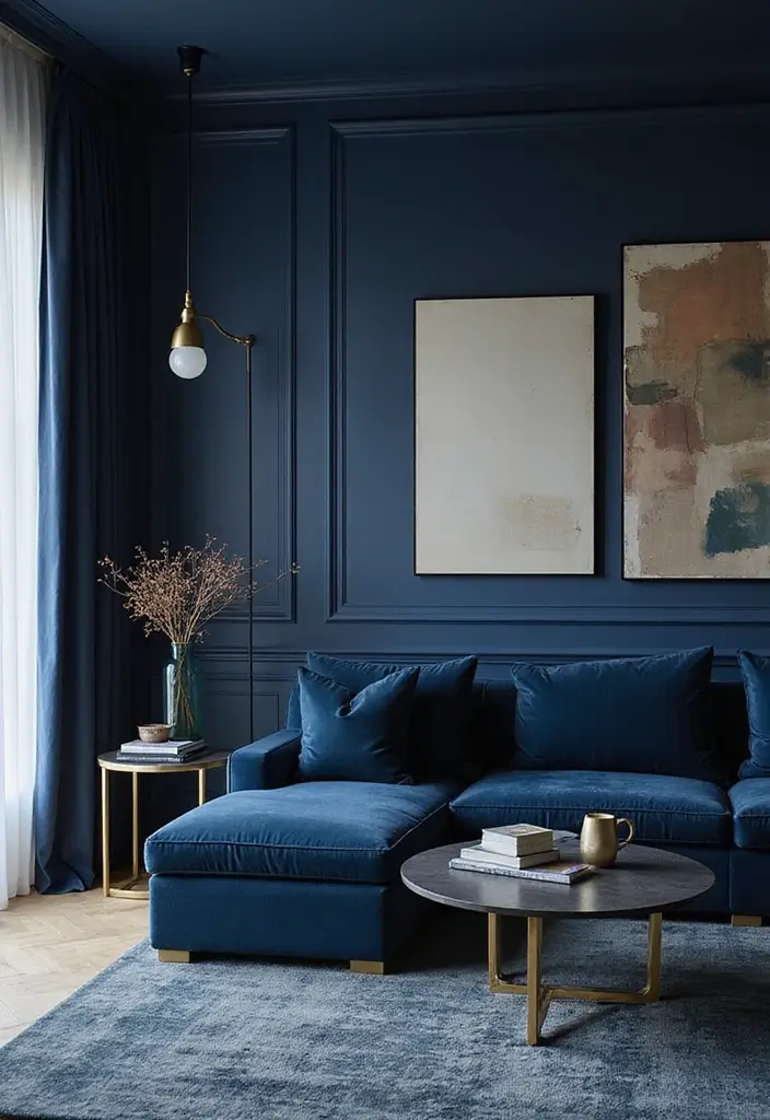 28 Royal Paint Wall Design for Living Room Ideas That Add Luxury - 14. Midnight Blue Accents