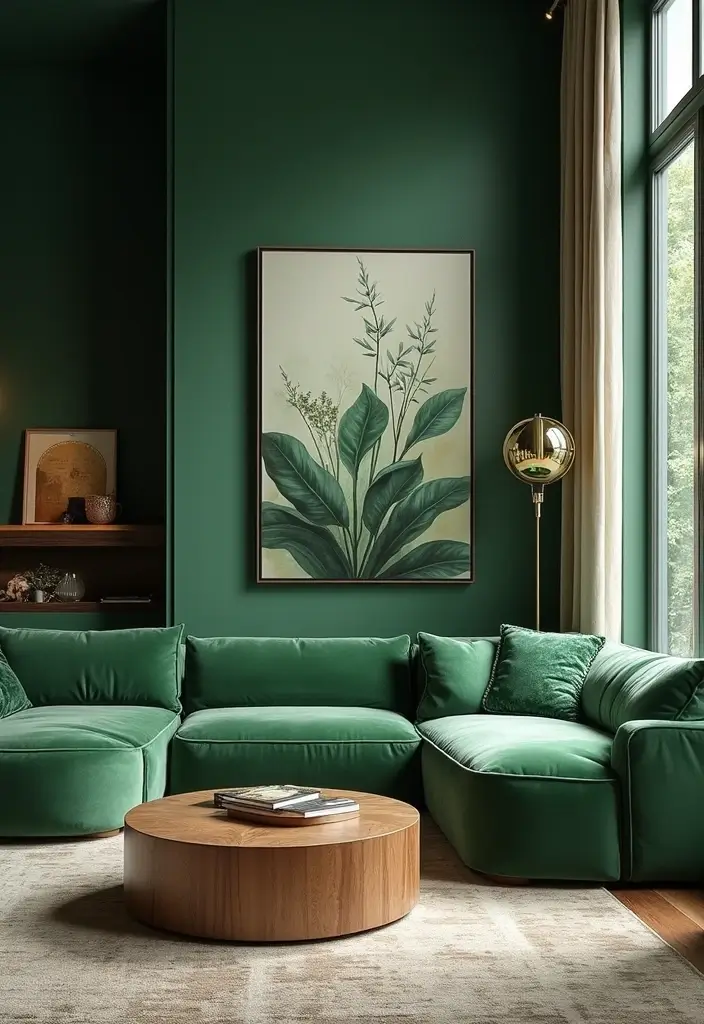 28 Royal Paint Wall Design for Living Room Ideas That Add Luxury - 2. Emerald Green Elegance
