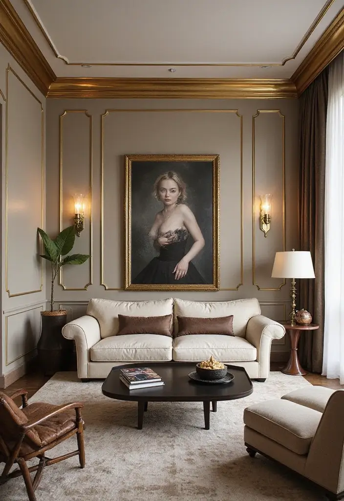 28 Royal Paint Wall Design for Living Room Ideas That Add Luxury - 7. Glorious Gold Accents