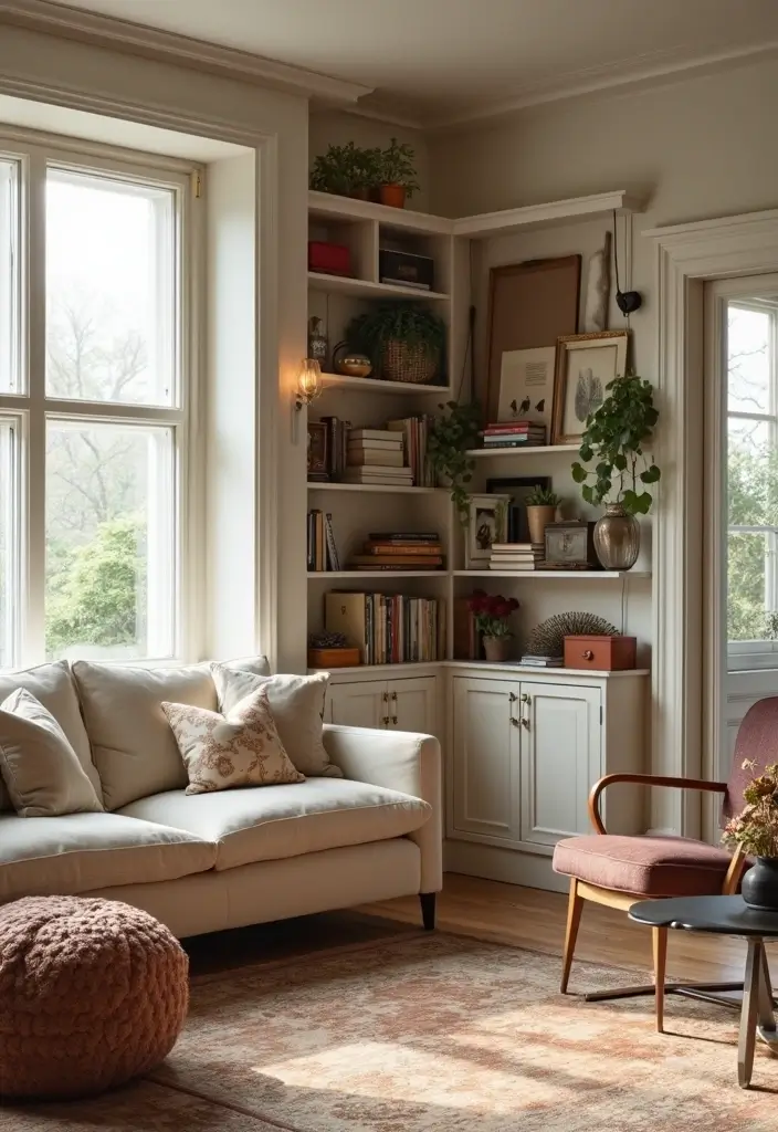 28 Storage Ideas for Living Room That Keep Things Organized - 11. Corner Storage Solutions