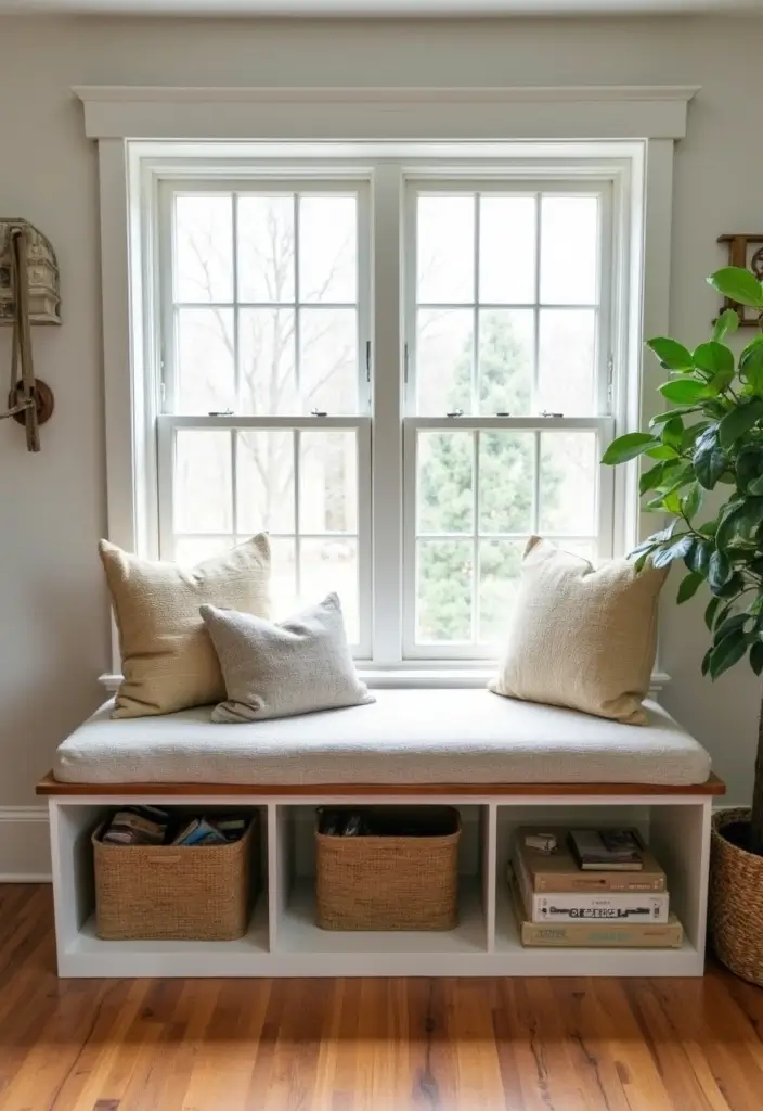 28 Storage Ideas for Living Room That Keep Things Organized - 24. Under-Window Storage