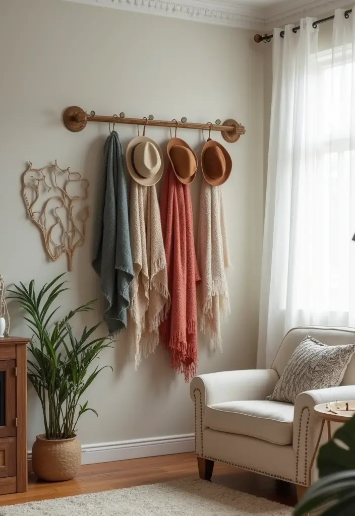 28 Storage Ideas for Living Room That Keep Things Organized - 27. Curtain Rod Storage