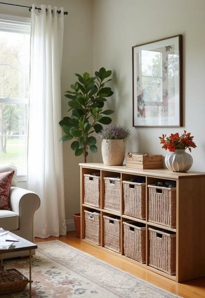 28 Storage Ideas for Living Room That Keep Things Organized - 28. Seasonal Storage Solutions