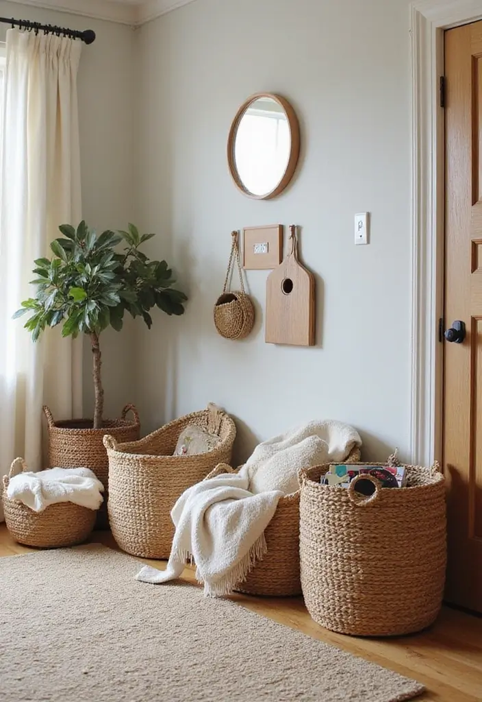 28 Storage Ideas for Living Room That Keep Things Organized - 3. Decorative Baskets