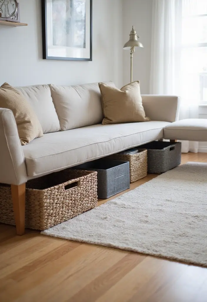 28 Storage Ideas for Living Room That Keep Things Organized - 4. Under-Furniture Storage