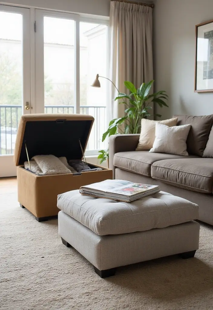 28 Storage Ideas for Living Room That Keep Things Organized - 7. Stylish Storage Ottomans