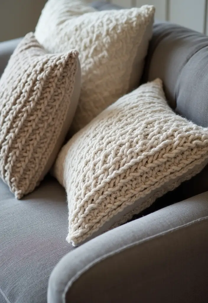 28 Throw Pillows Living Room Grey Couch Ideas That Add Texture - 1. Layering Textures with Knitted Pillows