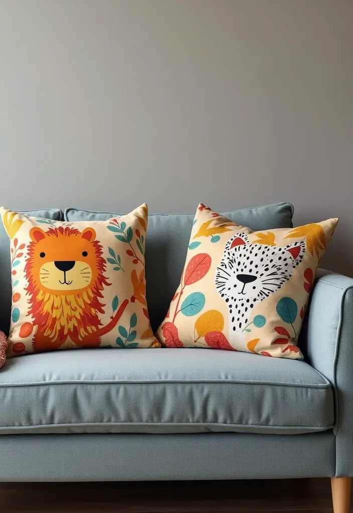 28 Throw Pillows Living Room Grey Couch Ideas That Add Texture - 10. Whimsical Animal Prints