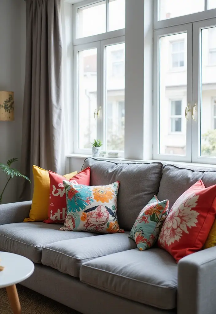 28 Throw Pillows Living Room Grey Couch Ideas That Add Texture - 11. Striking Graphic Pillows