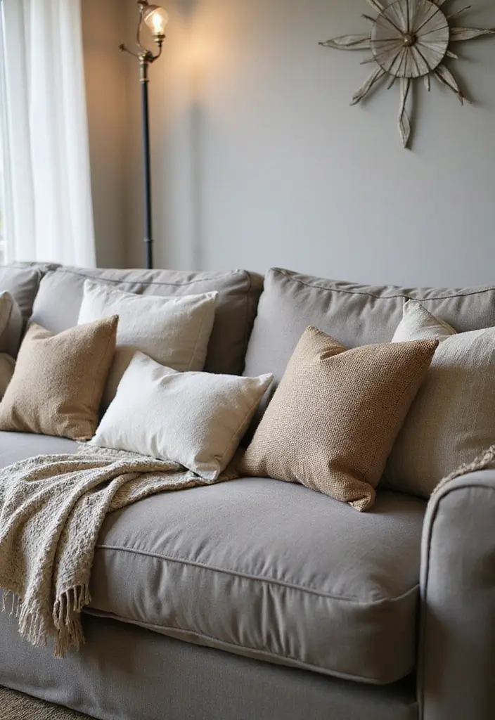 28 Throw Pillows Living Room Grey Couch Ideas That Add Texture - 15. Rustic Textile Pillows