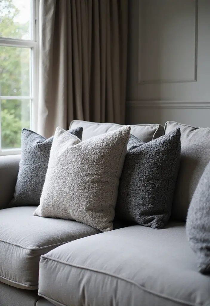 28 Throw Pillows Living Room Grey Couch Ideas That Add Texture - 17. Chic Boucle Pillows