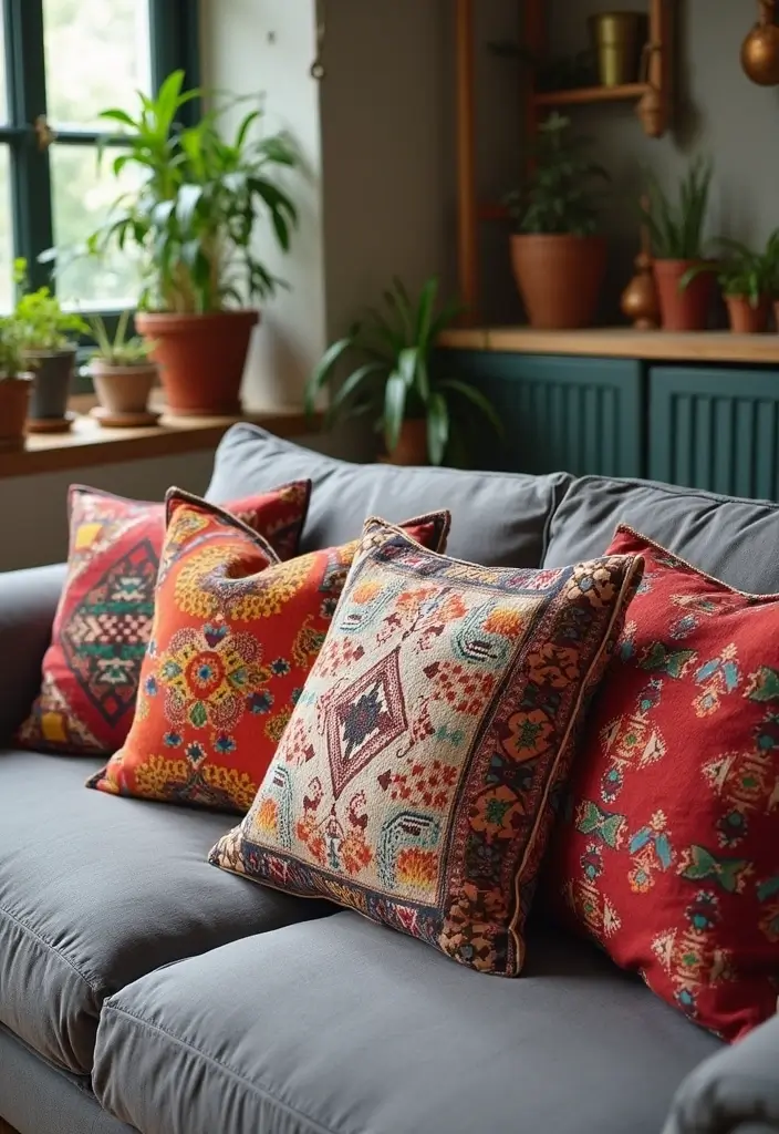 28 Throw Pillows Living Room Grey Couch Ideas That Add Texture - 2. Bohemian Vibes with Ethnic Print Pillows