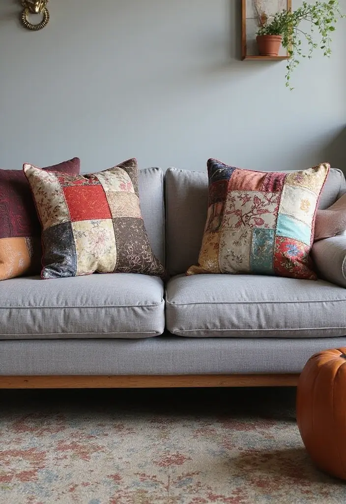 28 Throw Pillows Living Room Grey Couch Ideas That Add Texture - 21. Artistic Patchwork Pillows