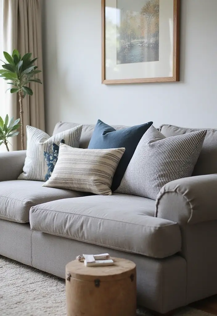 28 Throw Pillows Living Room Grey Couch Ideas That Add Texture - 25. Classic Striped Pillows
