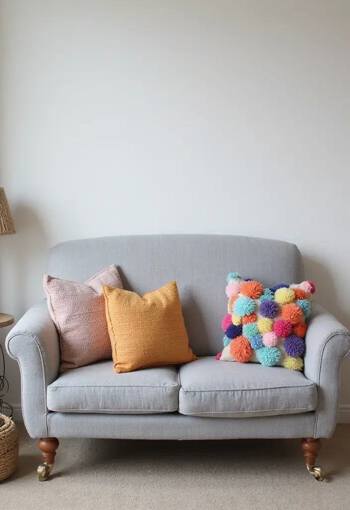 28 Throw Pillows Living Room Grey Couch Ideas That Add Texture - 3. Playful Pom-Pom Accents