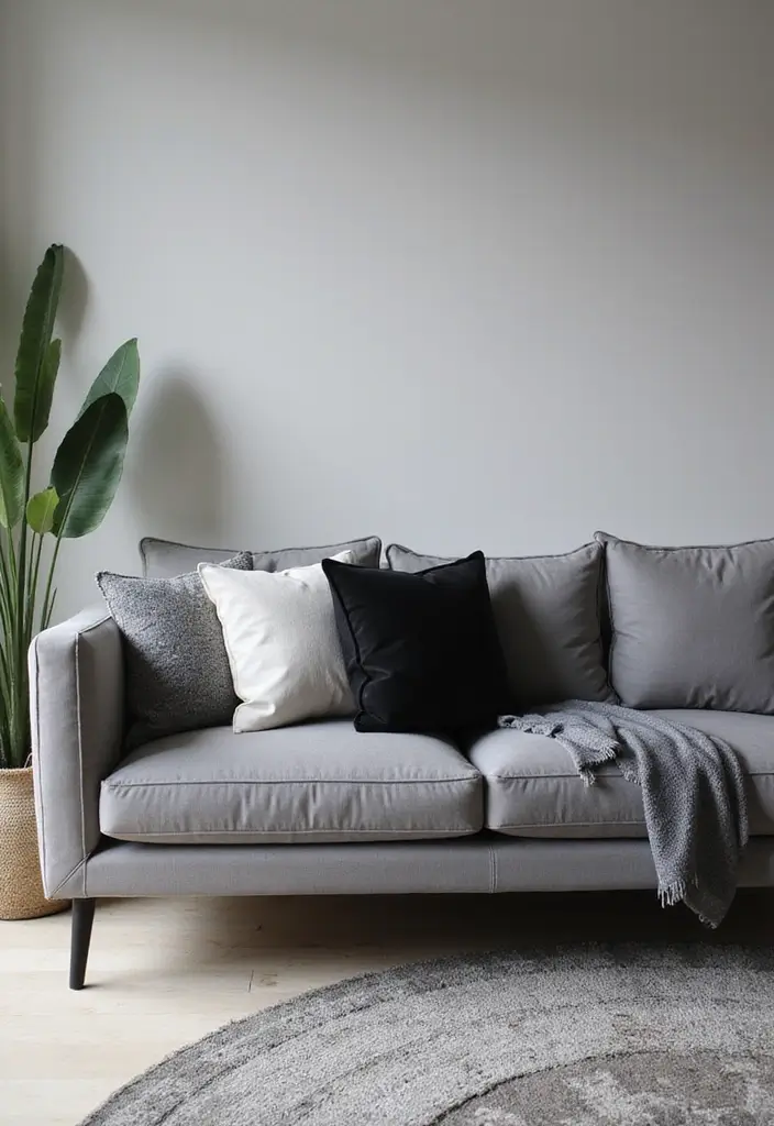 28 Throw Pillows Living Room Grey Couch Ideas That Add Texture - 5. Monochrome Magic