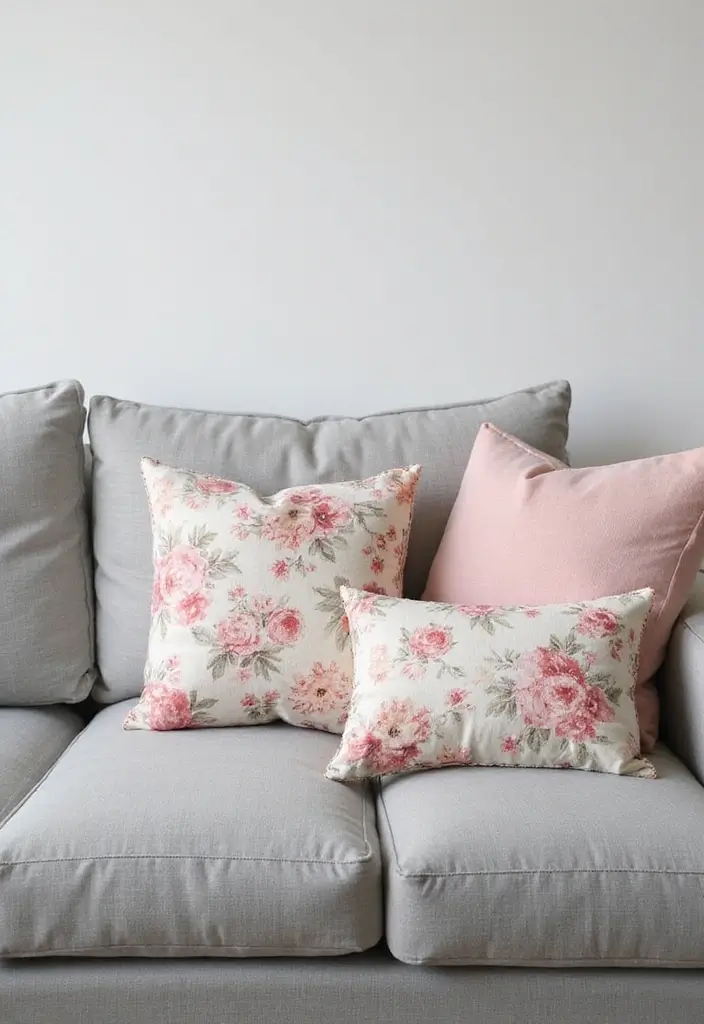28 Throw Pillows Living Room Grey Couch Ideas That Add Texture - 6. Floral Patterns for a Fresh Touch