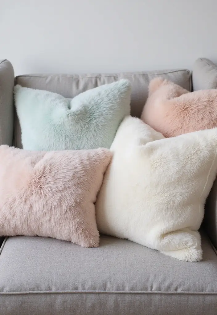 28 Throw Pillows Living Room Grey Couch Ideas That Add Texture - 8. Cozy Faux Fur Pillows