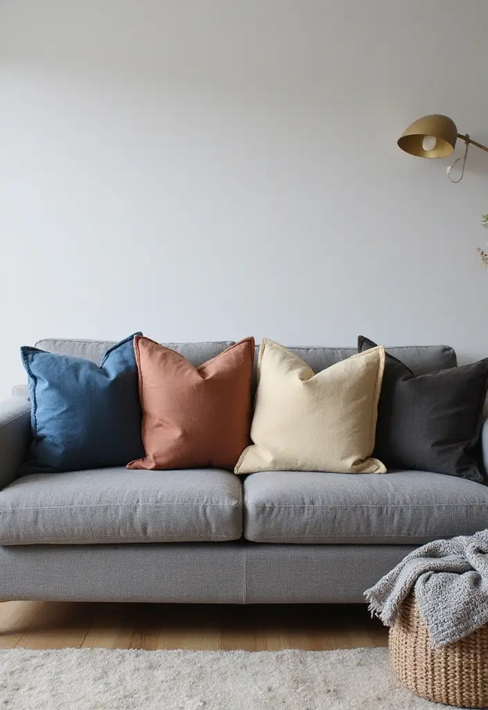 28 Throw Pillows Living Room Grey Couch Ideas That Add Texture - 9. Boxy Shapes for a Contemporary Edge