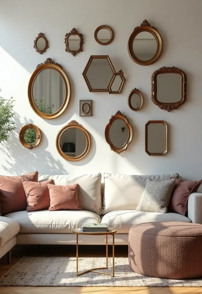 28 Wall Mirror Ideas Living Room Small Spaces That Reflect Light Beautifully - 10. Wall Collage of Mirrors