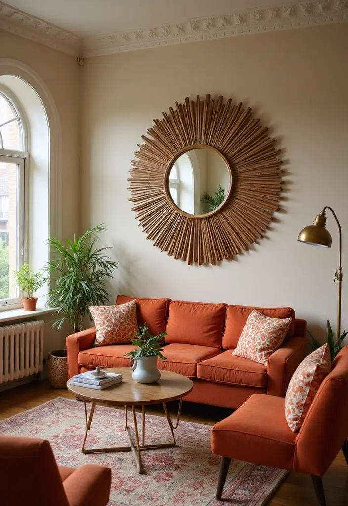 28 Wall Mirror Ideas Living Room Small Spaces That Reflect Light Beautifully - 12. Sunburst Mirrors for a Retro Touch