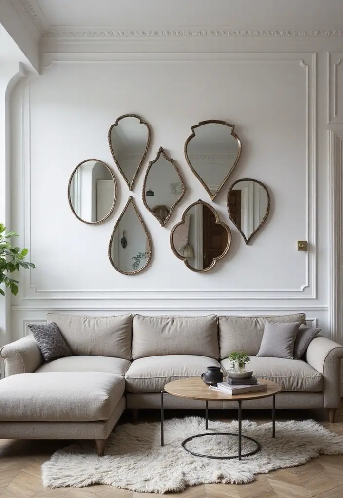 28 Wall Mirror Ideas Living Room Small Spaces That Reflect Light Beautifully - 13. Split Mirrors for Edgy Appeal