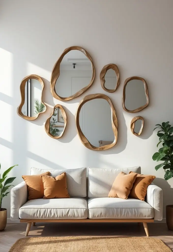 28 Wall Mirror Ideas Living Room Small Spaces That Reflect Light Beautifully - 15. Asymmetrical Mirrors for a Unique Twist