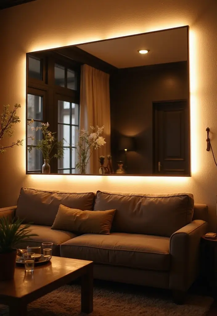 28 Wall Mirror Ideas Living Room Small Spaces That Reflect Light Beautifully - 16. Lighted Mirrors for Functional Glam