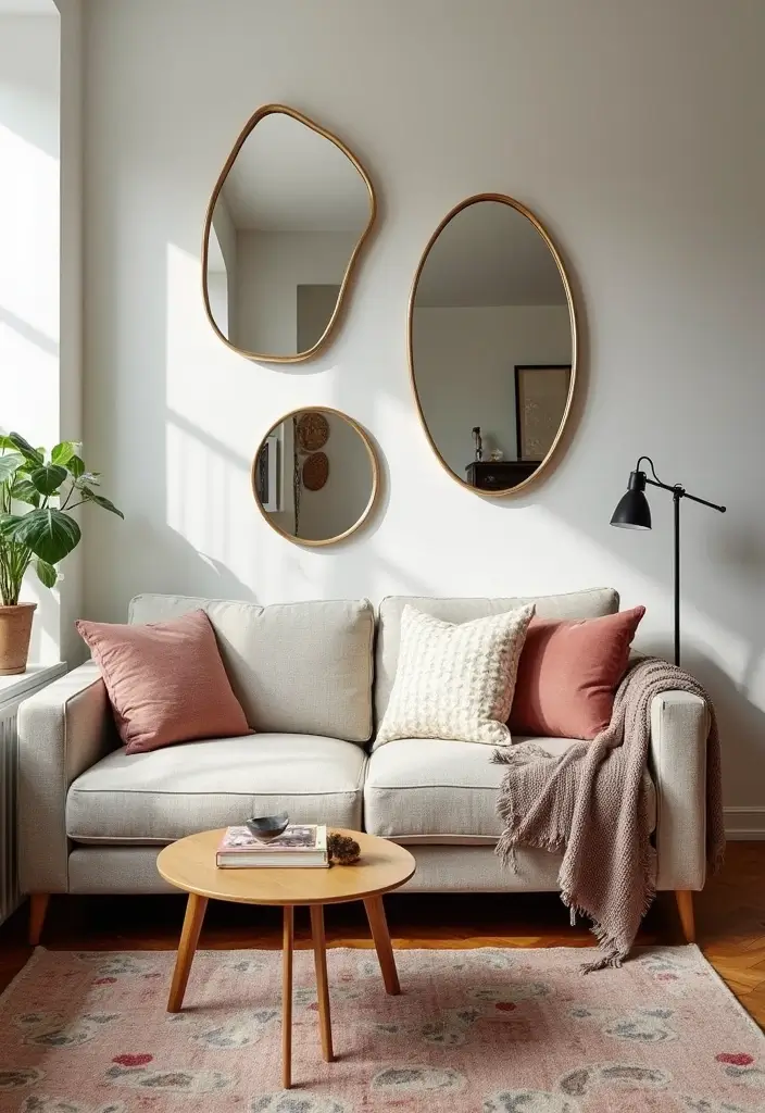 28 Wall Mirror Ideas Living Room Small Spaces That Reflect Light Beautifully - 18. Accent Mirrors with Unique Shapes