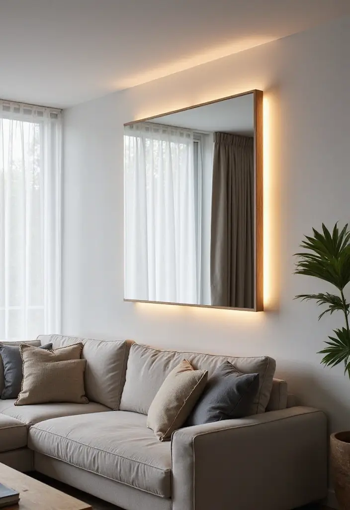 28 Wall Mirror Ideas Living Room Small Spaces That Reflect Light Beautifully - 19. Wall-Mounted Mirror Lighting