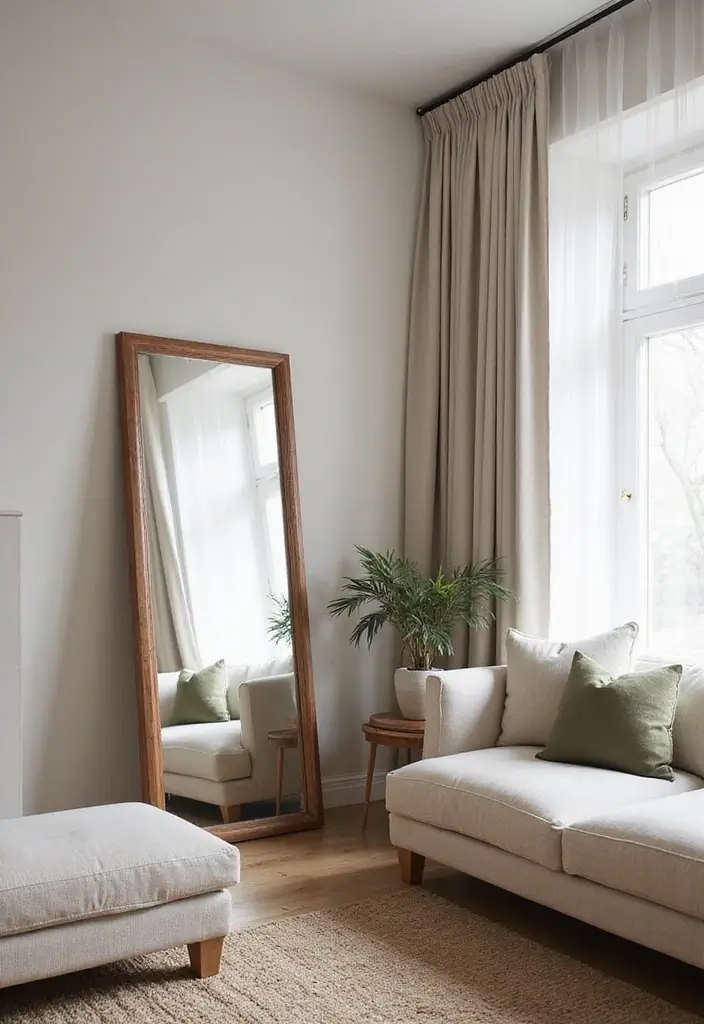 28 Wall Mirror Ideas Living Room Small Spaces That Reflect Light Beautifully - 24. Corner Mirrors for Space Enhancement