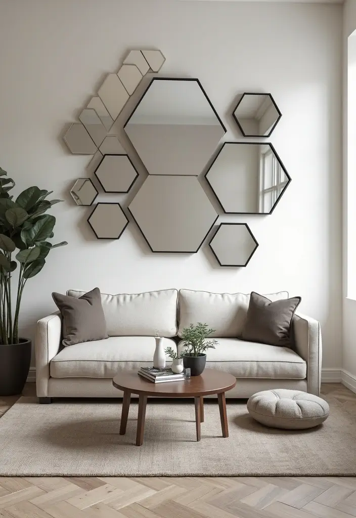 28 Wall Mirror Ideas Living Room Small Spaces That Reflect Light Beautifully - 3. Geometric Mirrors for Modern Flair