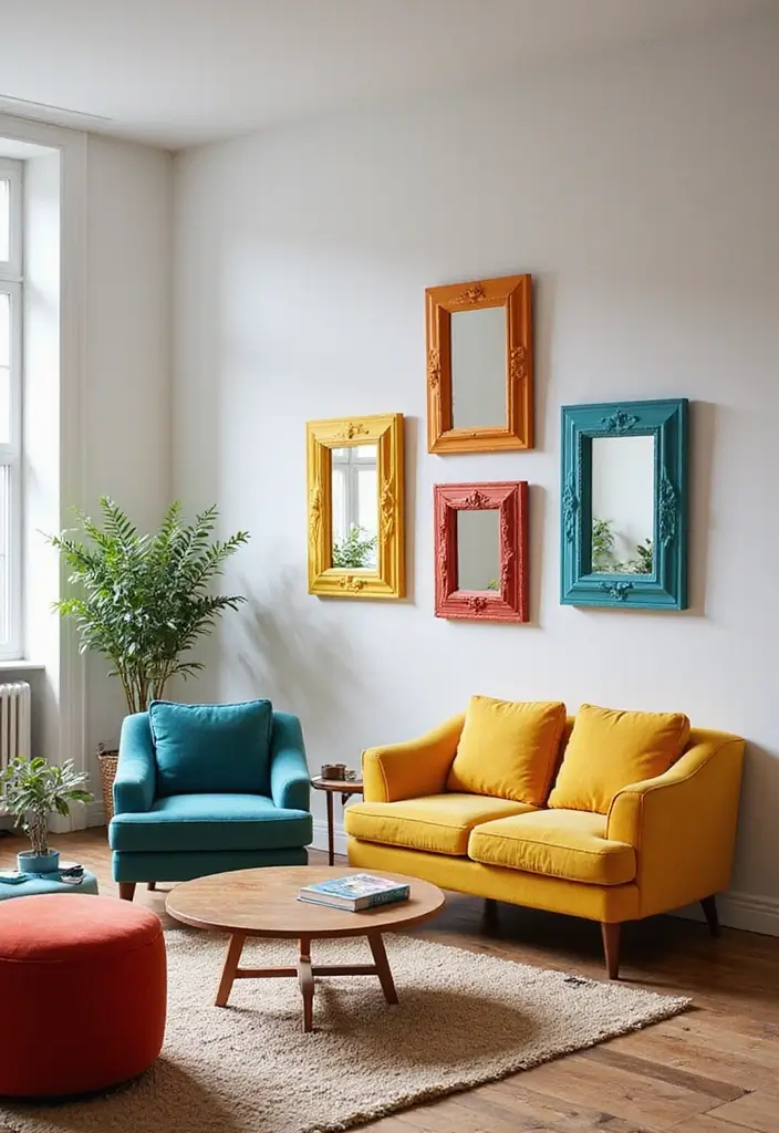 28 Wall Mirror Ideas Living Room Small Spaces That Reflect Light Beautifully - 8. Colorful Mirrors for a Pop