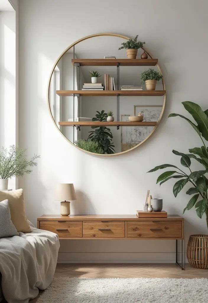 28 Wall Mirror Ideas Living Room Small Spaces That Reflect Light Beautifully - 9. Wall-Mounted Shelving Mirrors