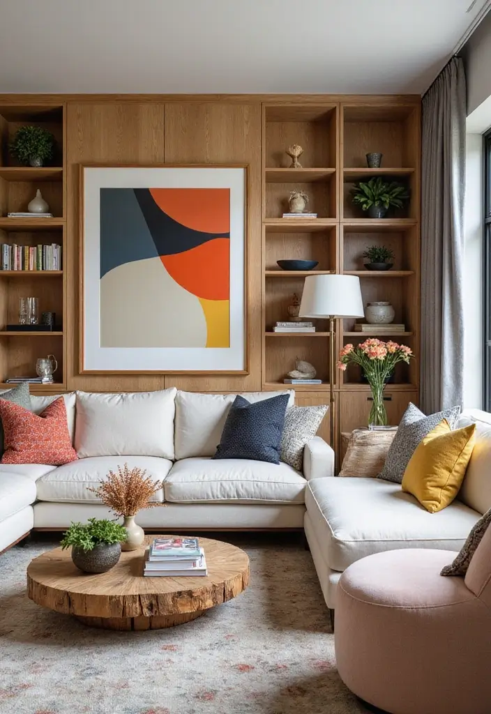 28 White Oak Living Room Ideas That Feel Warm and Natural - 13. Artistic Touches in White Oak Living Room