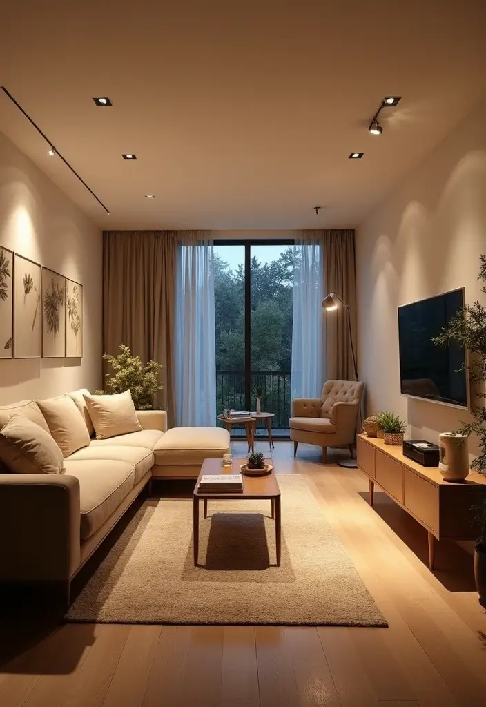 28 White Oak Living Room Ideas That Feel Warm and Natural - 20. Layered Lighting in White Oak Living Room