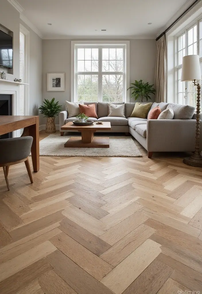 28 White Oak Living Room Ideas That Feel Warm and Natural - 26. Artistic Flooring with White Oak