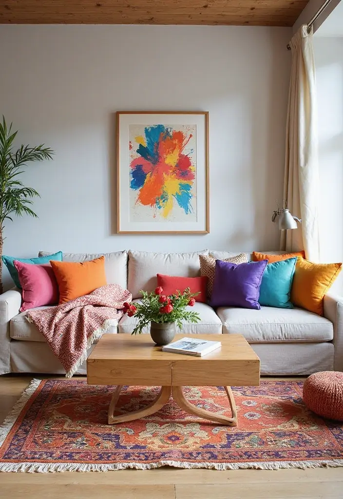 28 White Oak Living Room Ideas That Feel Warm and Natural - 27. White Oak and Colorful Accents