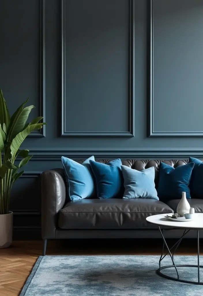 29 Black and Blue Living Room Ideas That Feel Cool and Modern - 1. Sleek Black Leather Sofa with Blue Pillows