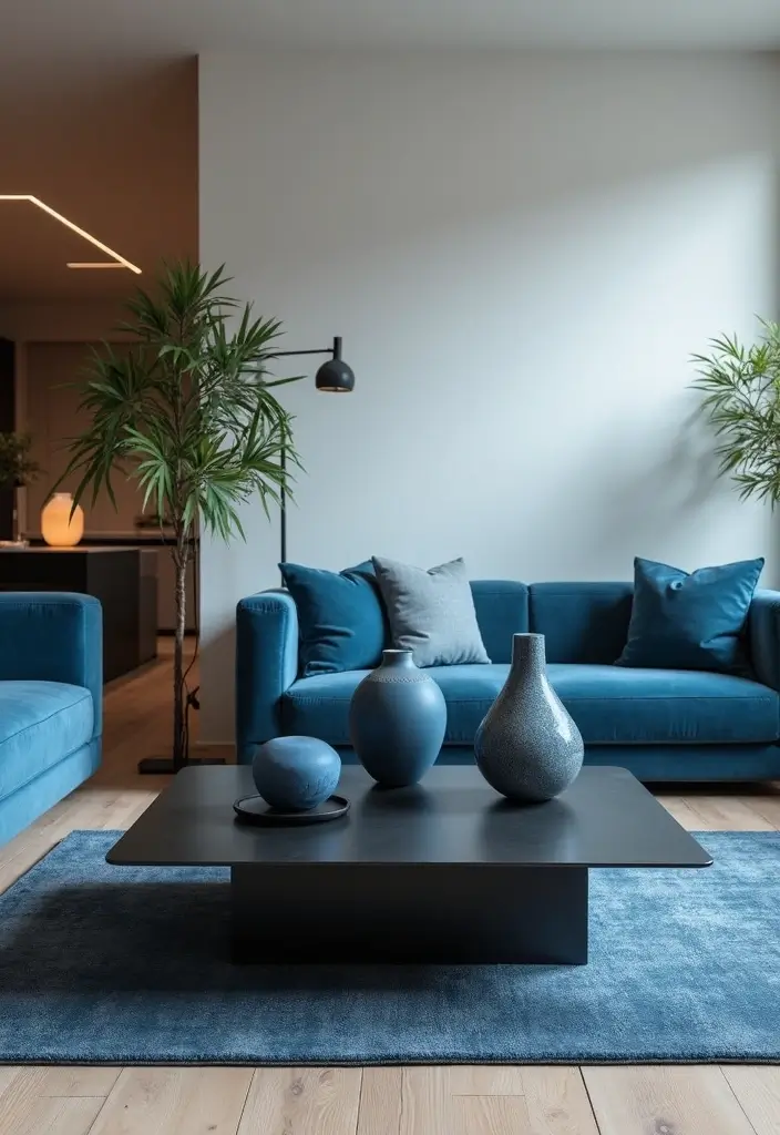 29 Black and Blue Living Room Ideas That Feel Cool and Modern - 10. Modern Black Coffee Table with Blue Accents