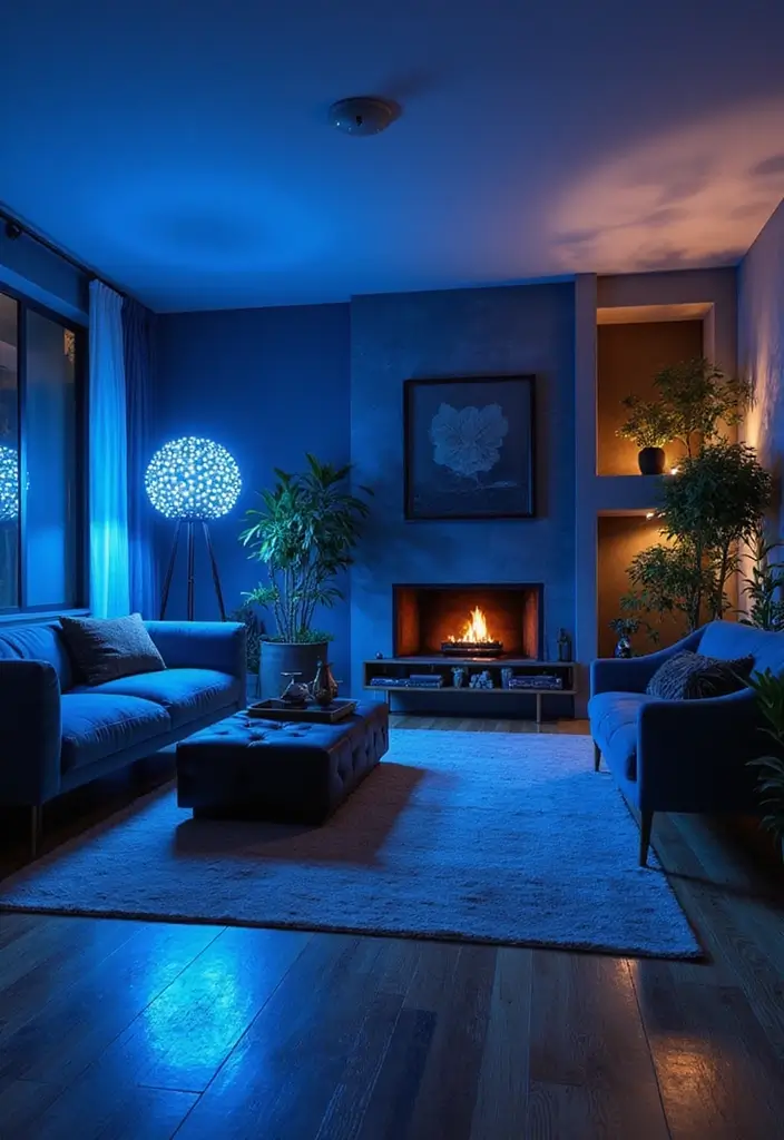 29 Black and Blue Living Room Ideas That Feel Cool and Modern - 11. Unique Lighting Fixtures in Blue and Black