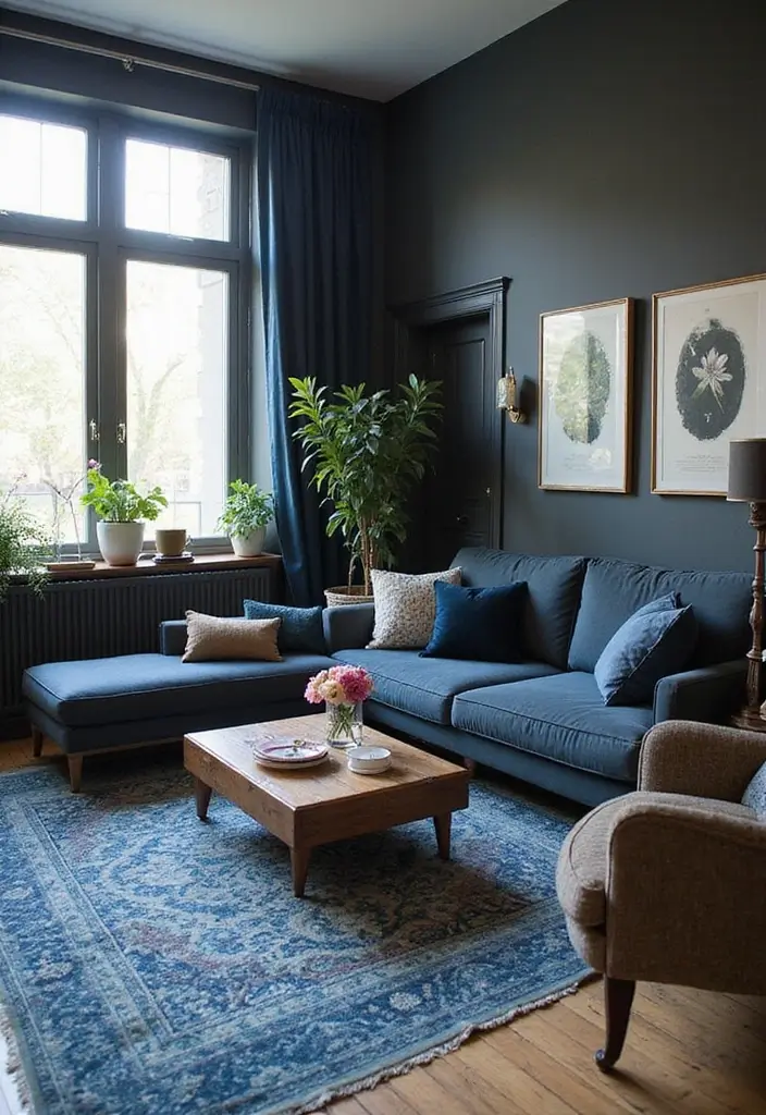 29 Black and Blue Living Room Ideas That Feel Cool and Modern - 13. Vintage Finds with a Black and Blue Twist