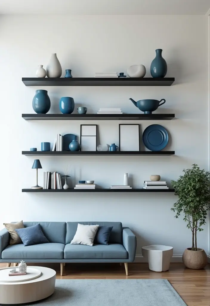 29 Black and Blue Living Room Ideas That Feel Cool and Modern - 14. Floating Black Shelves with Blue Accessories