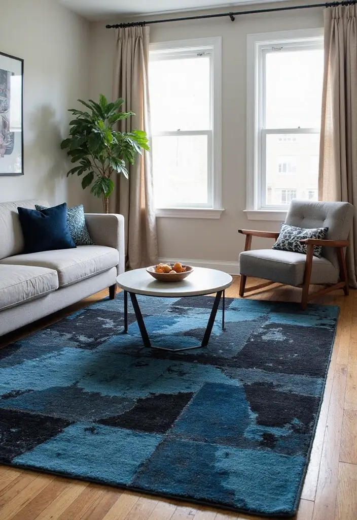 29 Black and Blue Living Room Ideas That Feel Cool and Modern - 16. Contemporary Black and Blue Rugs