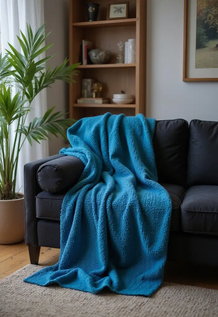 29 Black and Blue Living Room Ideas That Feel Cool and Modern - 17. Blue Decorative Throws on Black Furniture