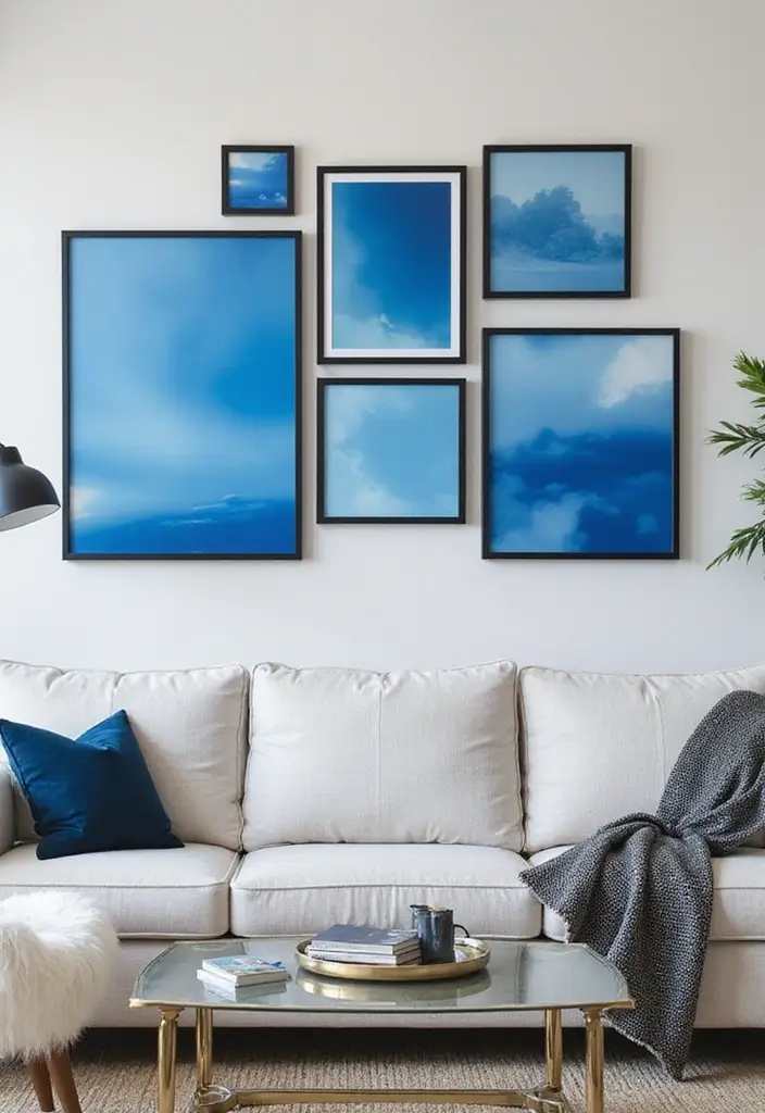 29 Black and Blue Living Room Ideas That Feel Cool and Modern - 18. Black Frames with Blue Artwork