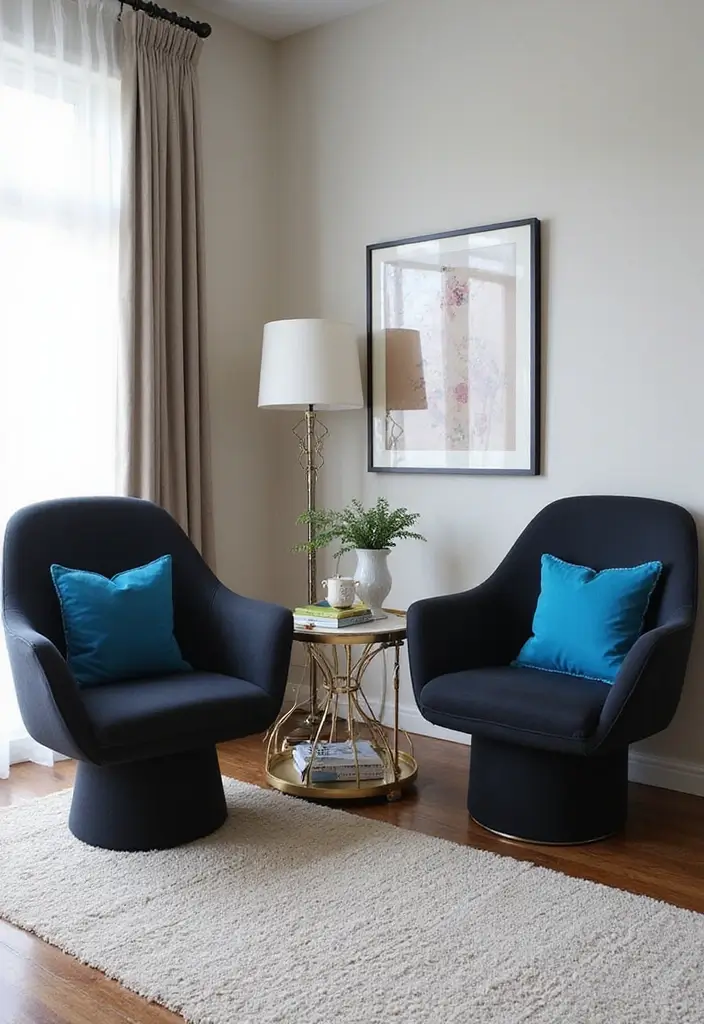 29 Black and Blue Living Room Ideas That Feel Cool and Modern - 19. Blue and Black Statement Chairs