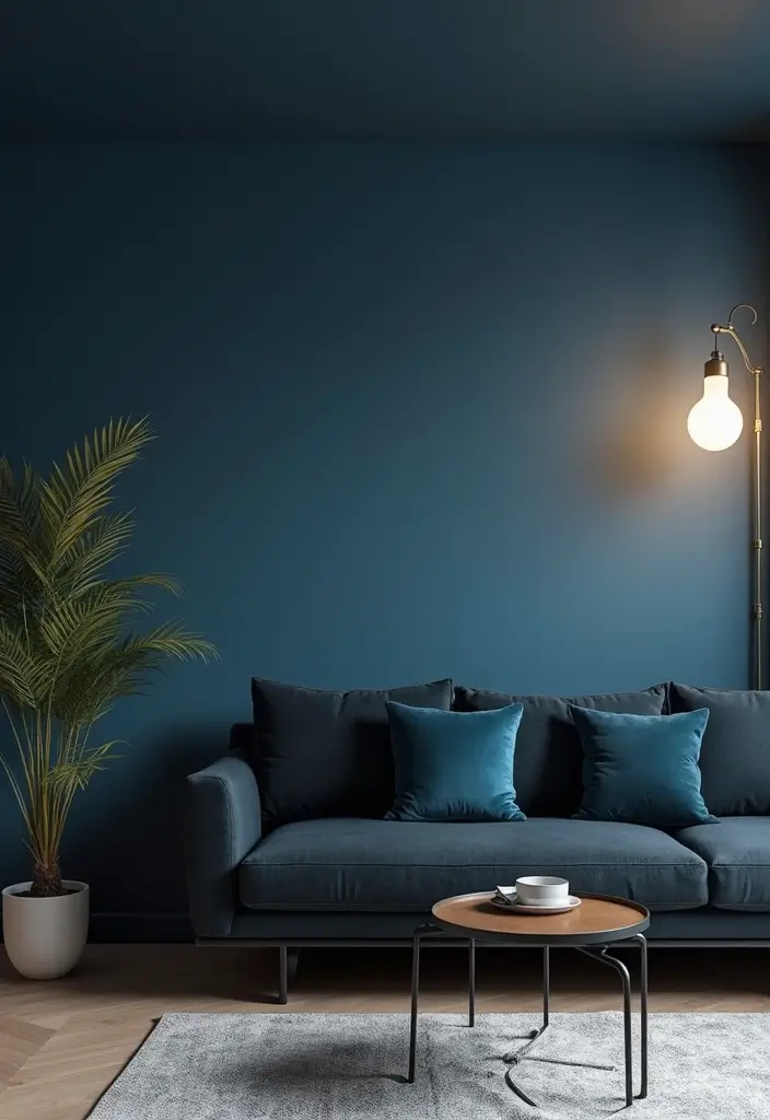 29 Black and Blue Living Room Ideas That Feel Cool and Modern - 2. Deep Blue Accent Wall with Black Furniture