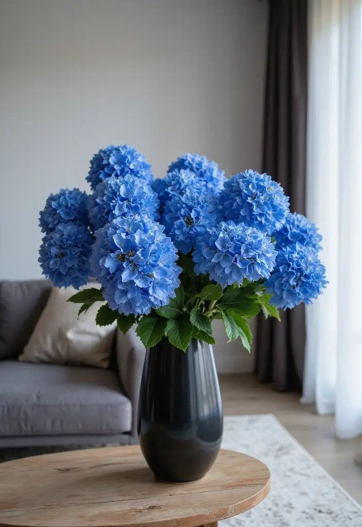 29 Black and Blue Living Room Ideas That Feel Cool and Modern - 20. Blue Floral Arrangements in Black Vases